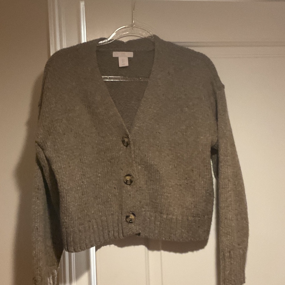 Halston Heritage Taupe Cardigan Sweater. Cozy cropped wool blend sweater